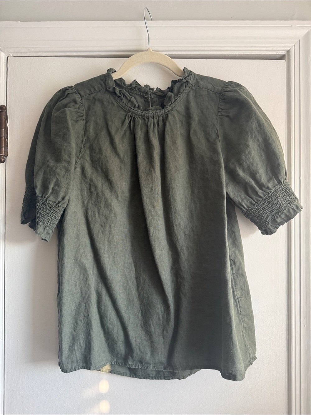 J. Crew Smocked Puff Sleeve Linen Top